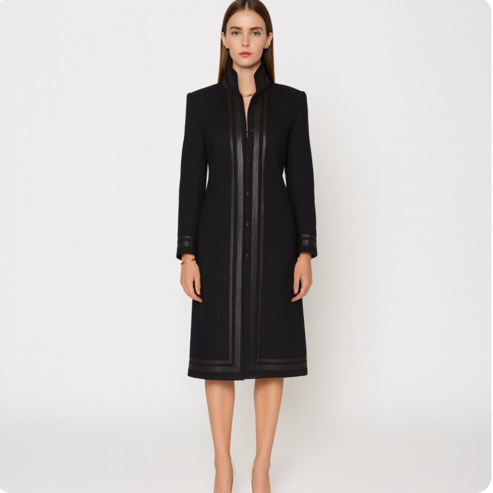 Shanghai Tang Womens Navy Blue Cashmere & Wool Coat Black leather trim Size 4 - Picture 8 of 8